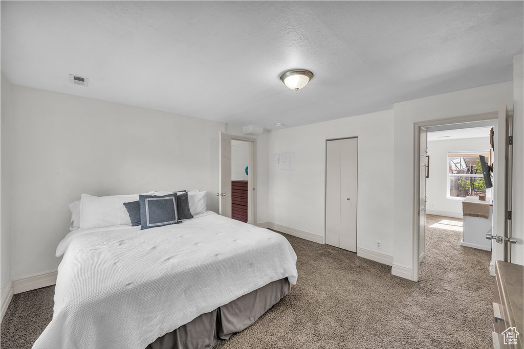 Carpeted bedroom with baseboards and a closet