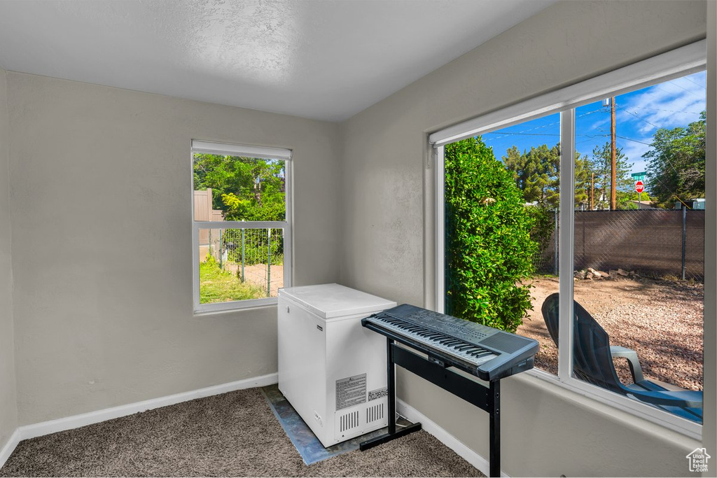 Interior space with white fridge, multiple windows, and dark colored carpet