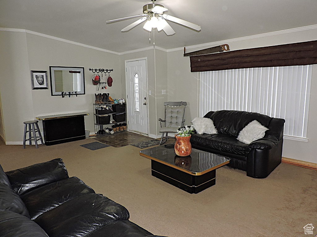 Carpeted living area with ceiling fan, baseboards, ornamental molding, and vaulted ceiling