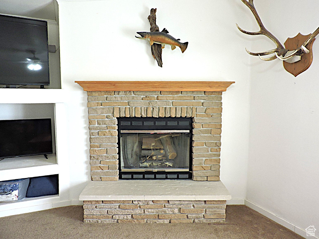 Detailed view of carpet, a fireplace, and baseboards
