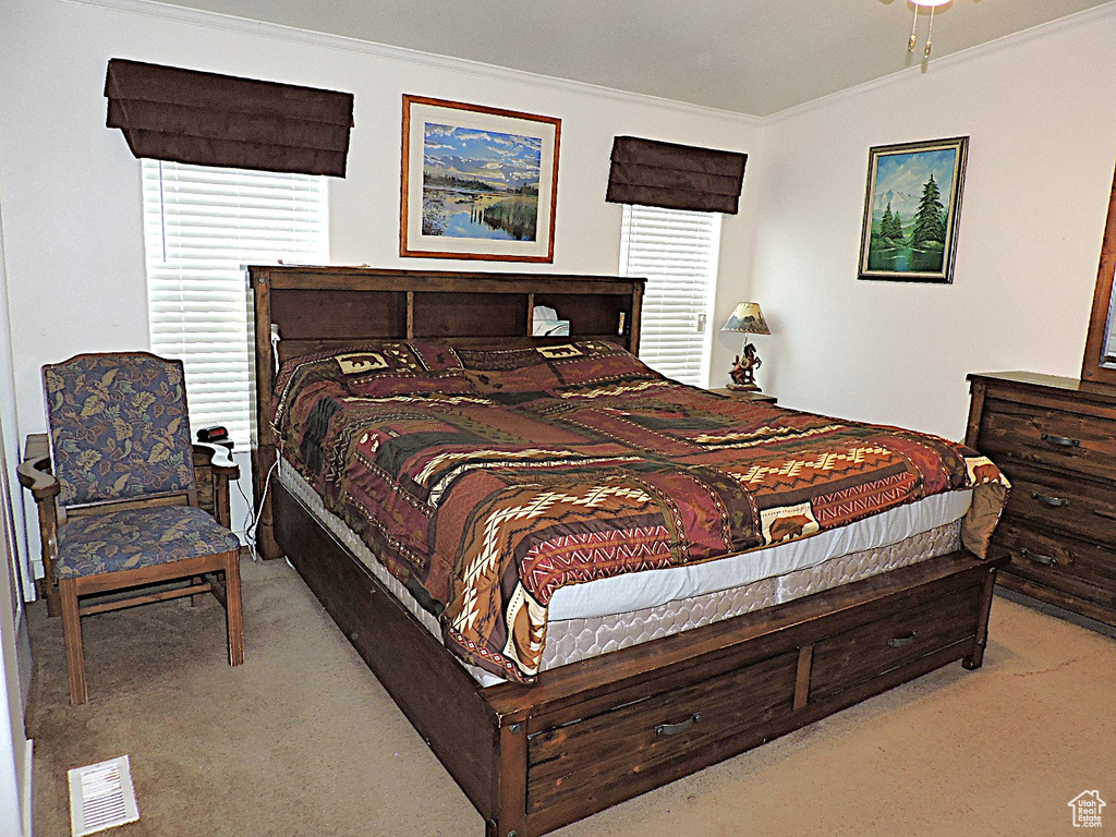 Carpeted bedroom with crown molding