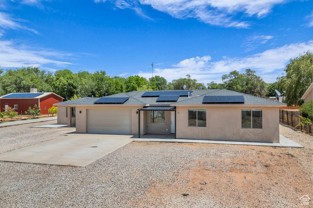 View of front of house featuring driveway, stucco siding, a garage, and a shingled roof