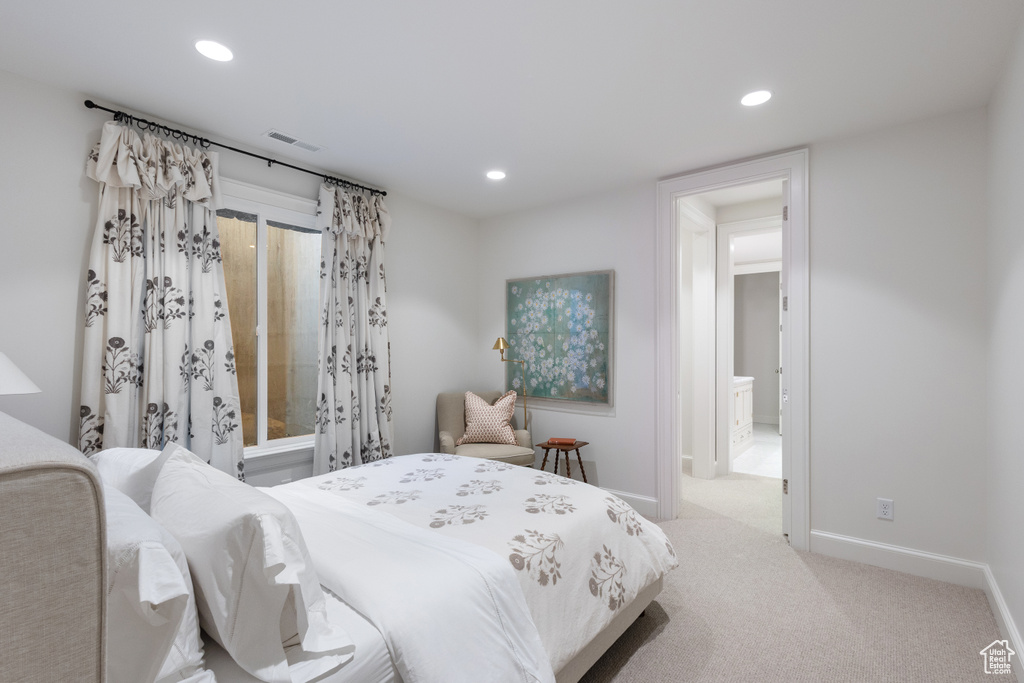 Bedroom featuring recessed lighting, baseboards, and carpet