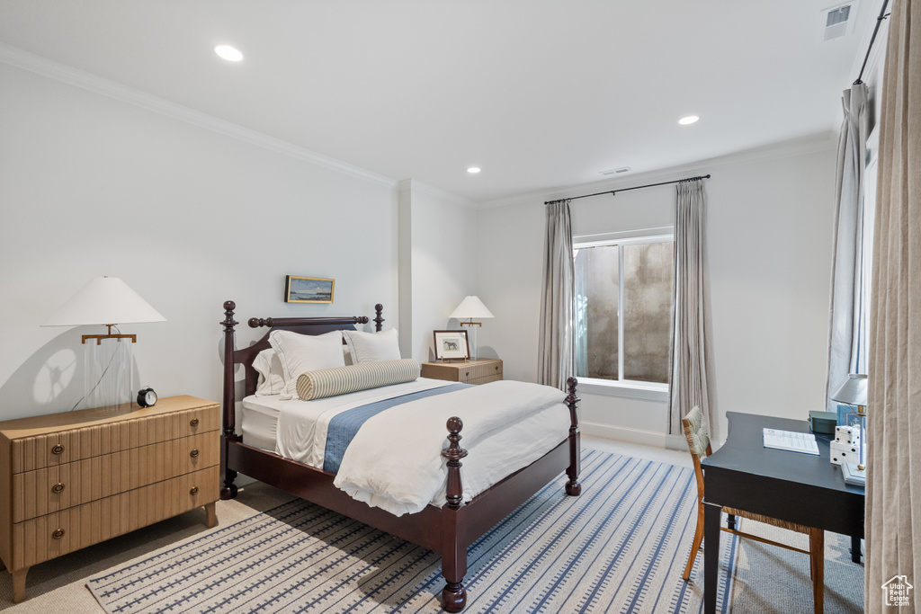 Bedroom featuring ornamental molding, recessed lighting, and baseboards