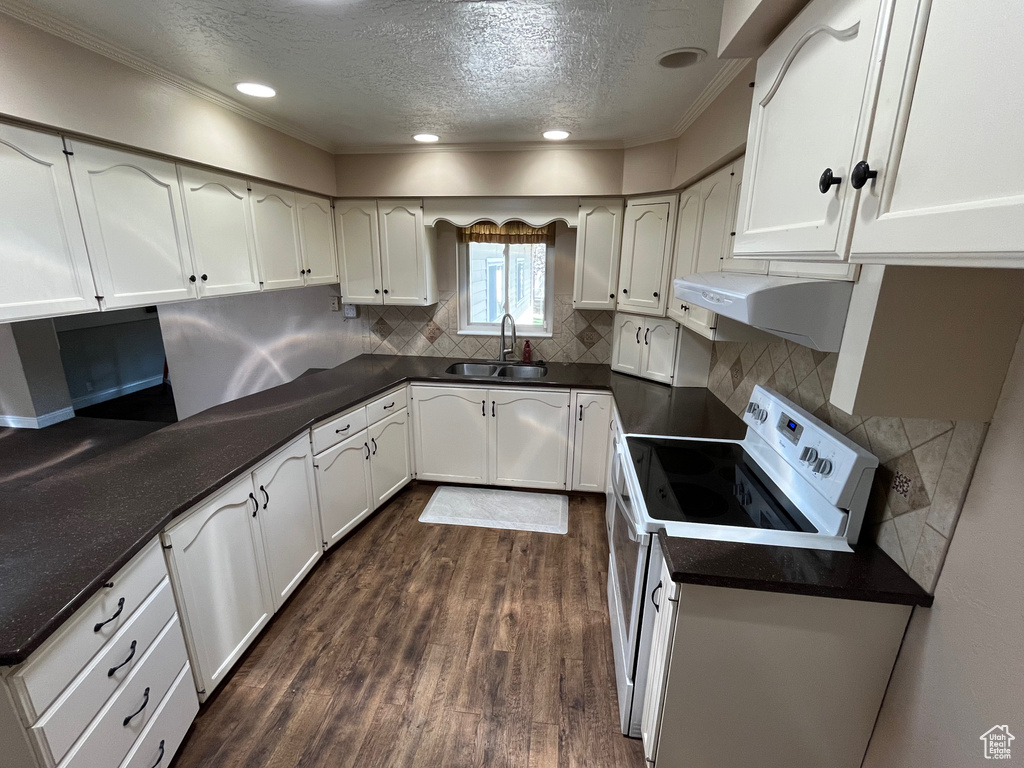 Kitchen with a sink, white range with electric stovetop, under cabinet range hood, a textured ceiling, and crown molding