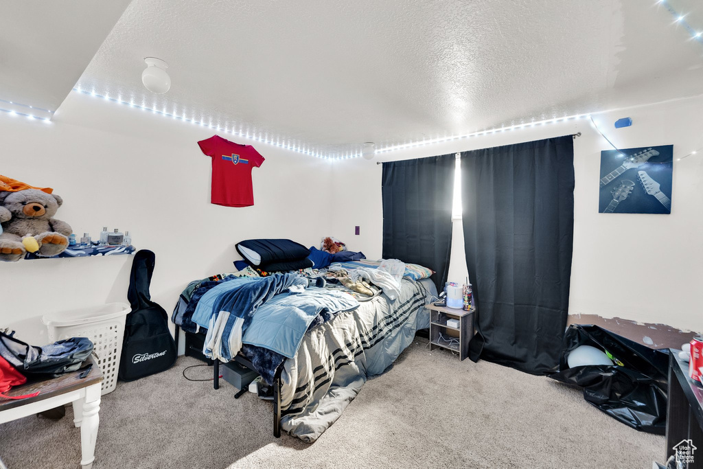Carpeted bedroom with a textured ceiling