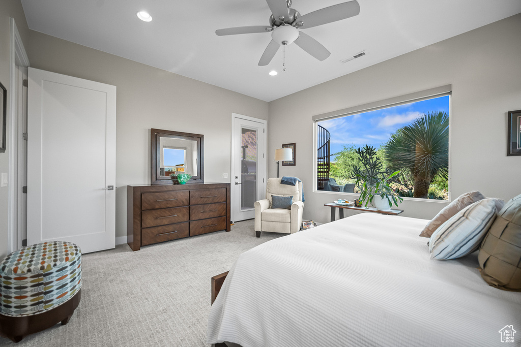 Bedroom featuring carpet flooring, recessed lighting, ceiling fan, and baseboards