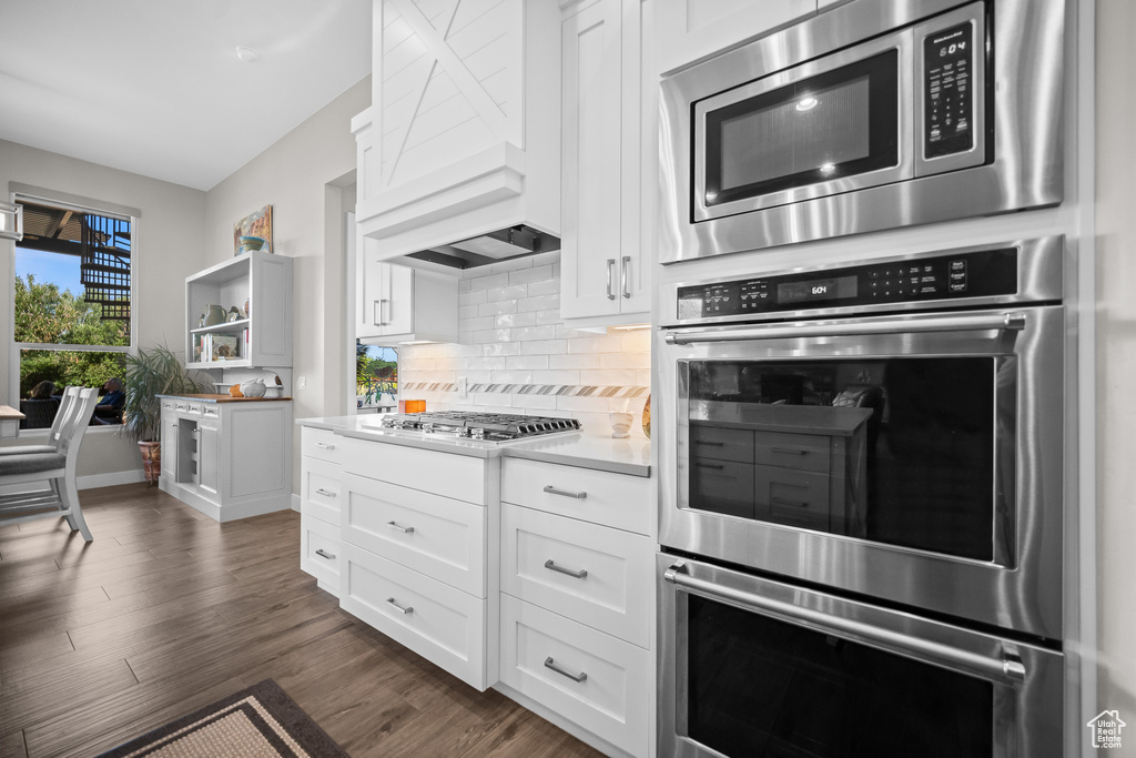 Kitchen featuring stainless steel appliances, premium range hood, decorative backsplash, open shelves, and dark wood-type flooring