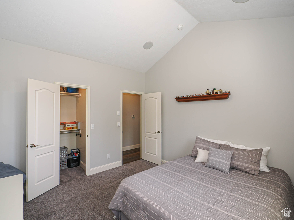 Carpeted bedroom with lofted ceiling, baseboards, and a walk in closet