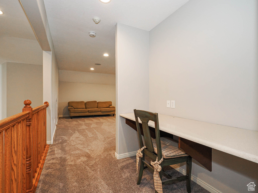 Office space featuring carpet floors, recessed lighting, and baseboards