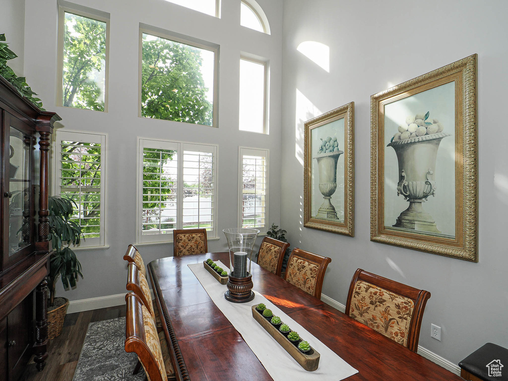 Dining space with plenty of natural light, a high ceiling, baseboards, and wood finished floors