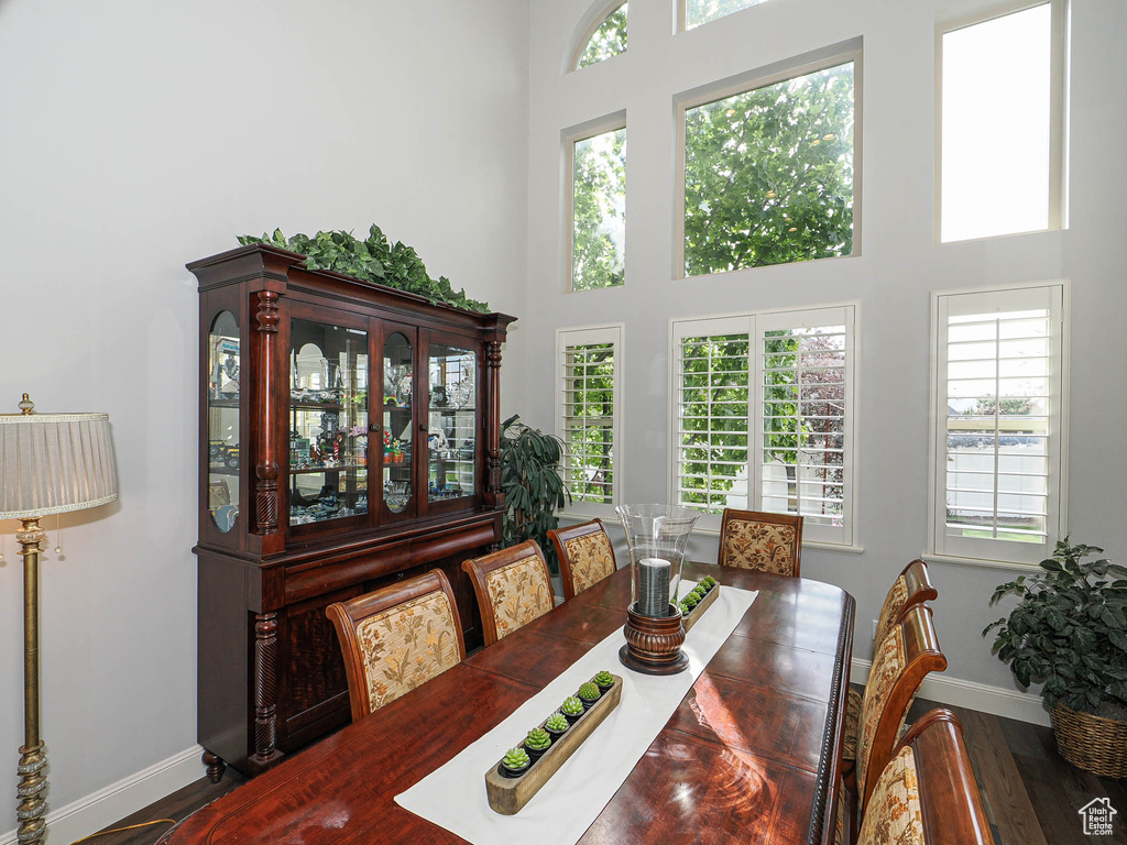 Dining space with wood finished floors, baseboards, and a high ceiling
