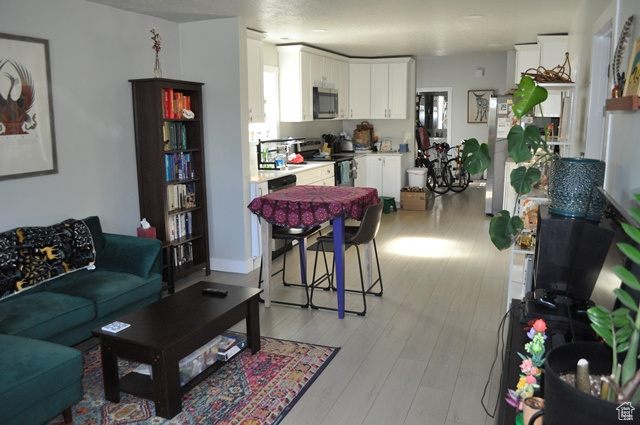 Living area featuring light wood-style flooring