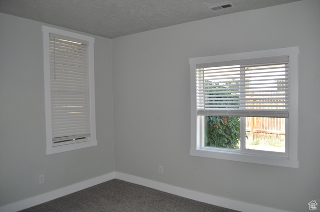 Spare room featuring dark colored carpet, baseboards, and a textured ceiling