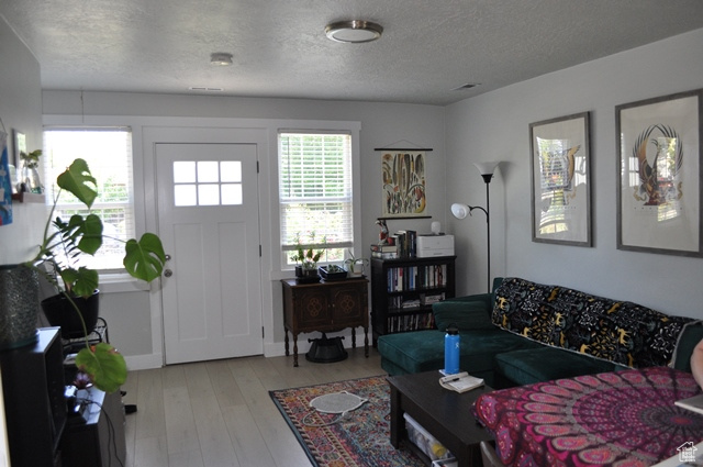 Living area with a textured ceiling and wood-type flooring