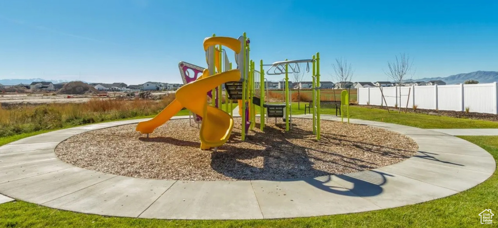Communal playground with a mountain view