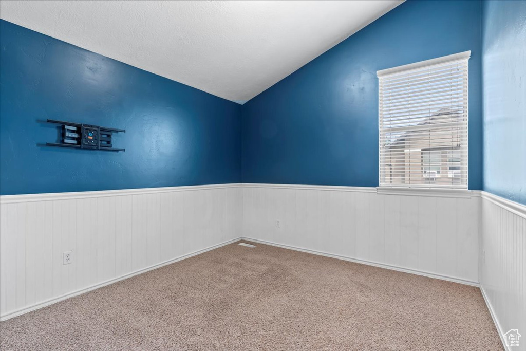 Carpeted empty room featuring lofted ceiling and a wainscoted wall