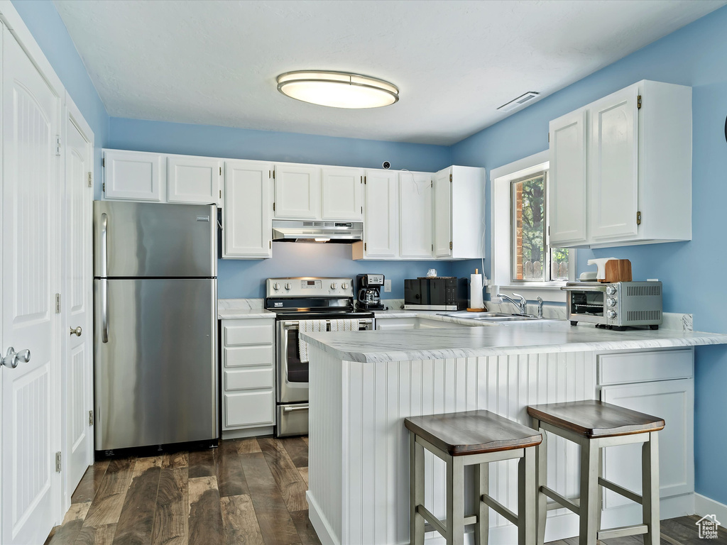 Kitchen with stainless steel appliances, under cabinet range hood, a peninsula, dark wood-style flooring, and white cabinets