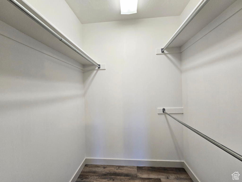 Walk in closet featuring dark wood-style flooring