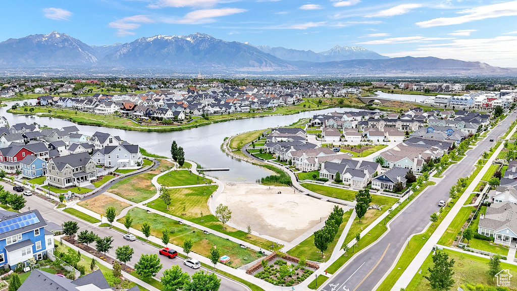 Aerial view of residential area with a water and mountain view