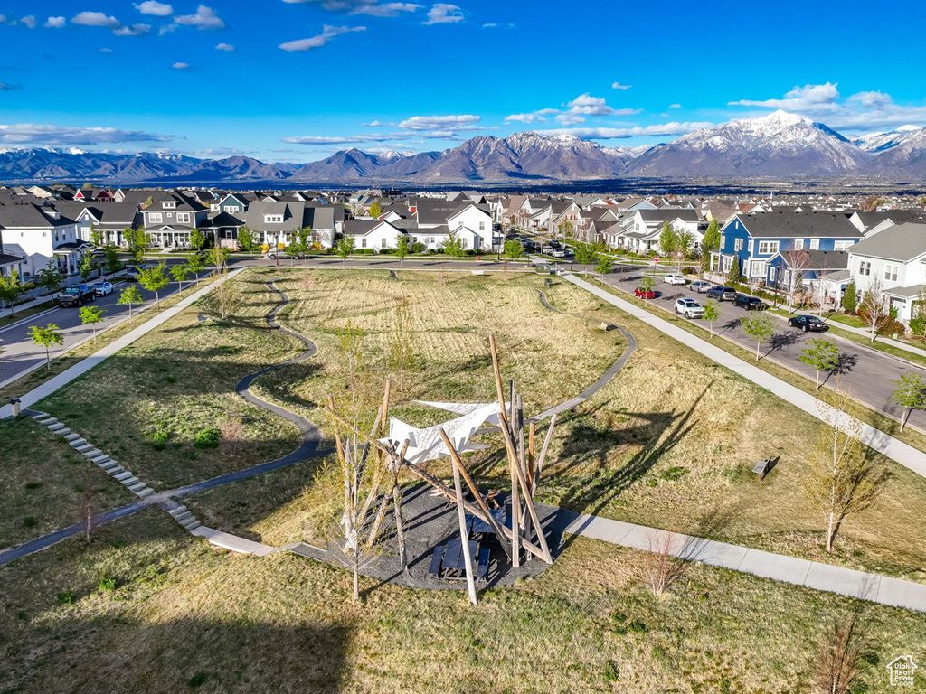 Aerial view of residential area with mountains