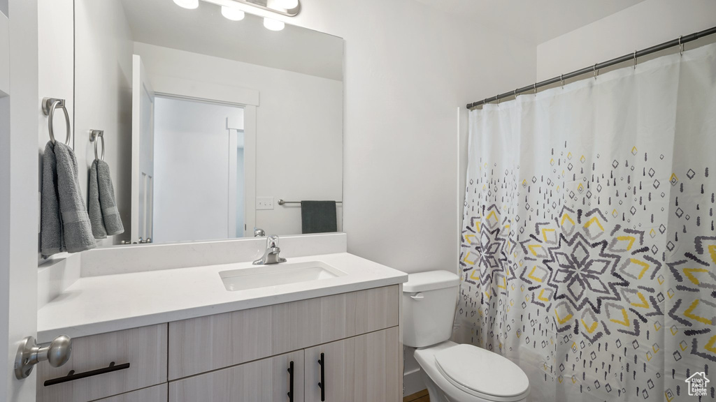 Full bathroom featuring toilet, vanity, and a shower with curtain