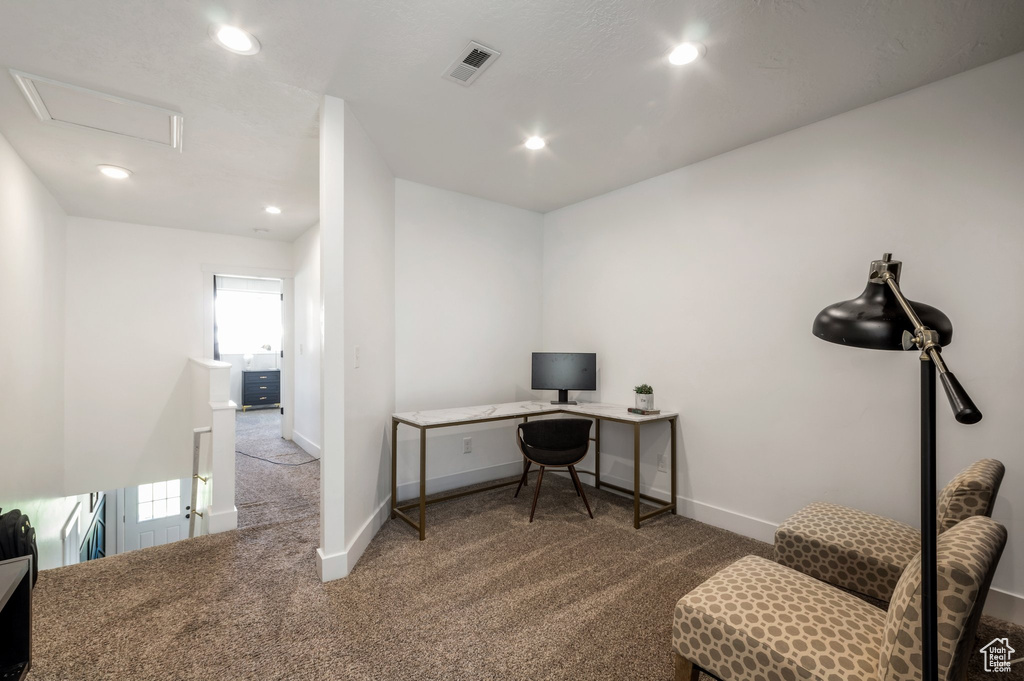Office space featuring carpet floors, baseboards, and recessed lighting