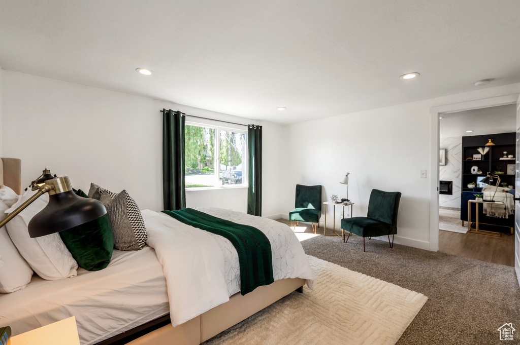 Bedroom featuring carpet, recessed lighting, and baseboards