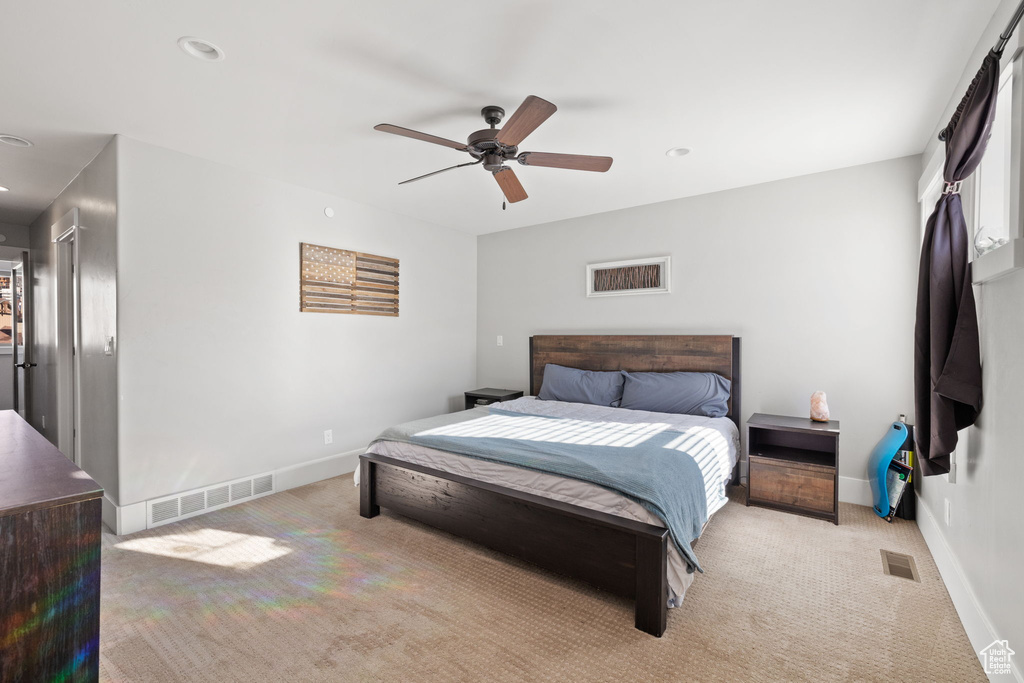 Bedroom featuring carpet, baseboards, recessed lighting, and ceiling fan