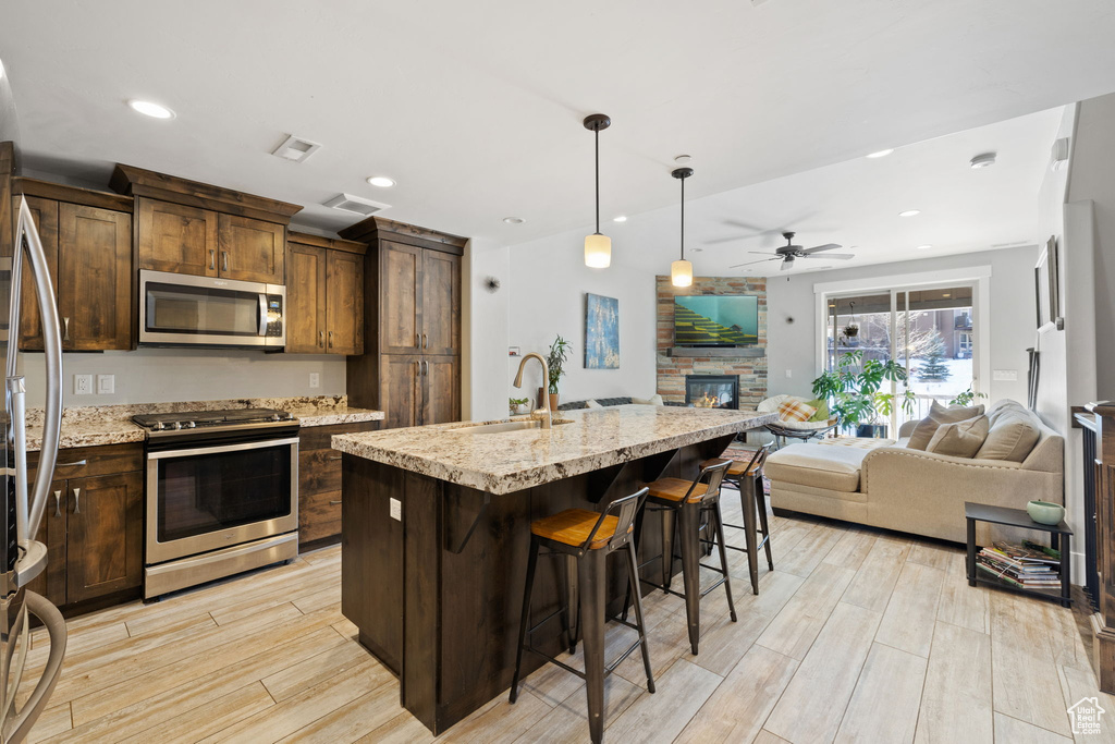 Kitchen with appliances with stainless steel finishes, open floor plan, a stone fireplace, light wood-style flooring, and recessed lighting