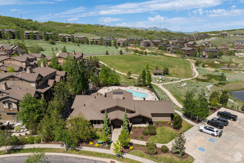 Aerial view of residential area with mountains