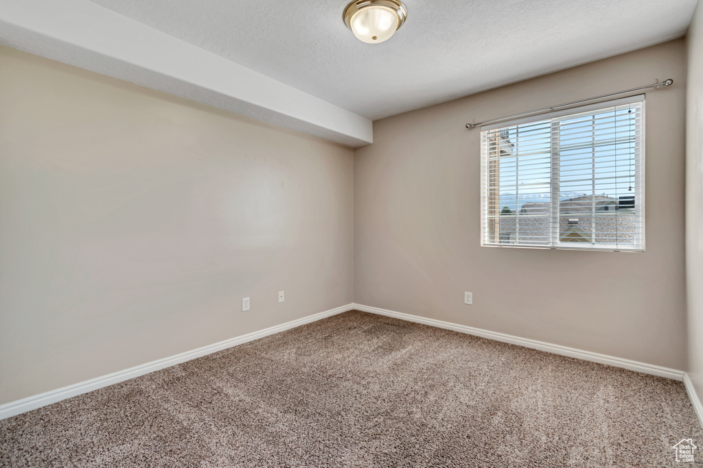 Carpeted spare room featuring baseboards and a textured ceiling