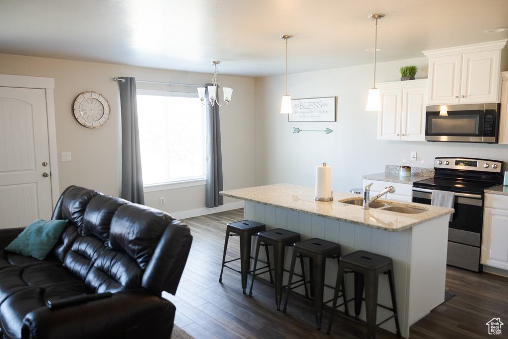 Kitchen featuring stainless steel appliances, a sink, open floor plan, a kitchen breakfast bar, and dark wood-style flooring