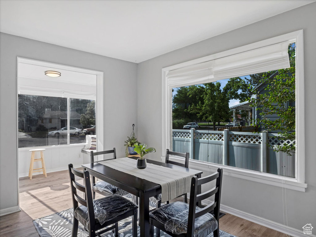 Dining area featuring wood finished floors, healthy amount of natural light, and baseboards