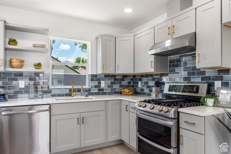 Kitchen with appliances with stainless steel finishes, under cabinet range hood, a sink, light countertops, and gray cabinets