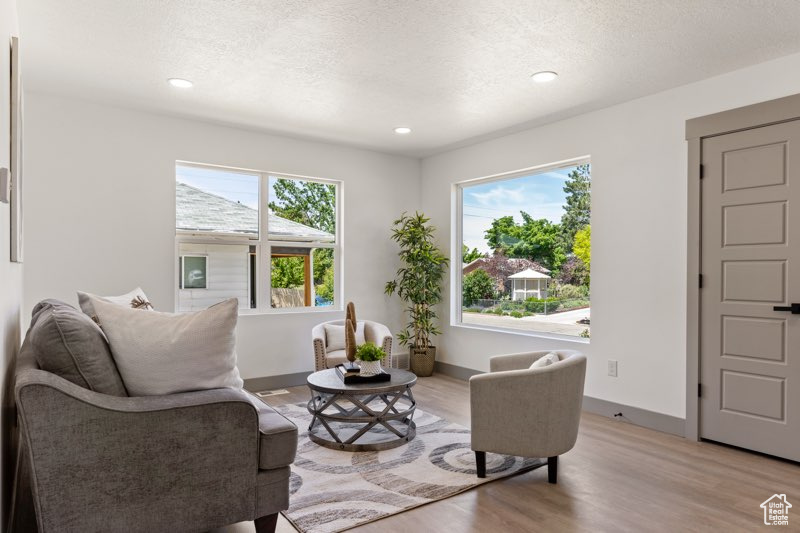 Living area featuring light wood-style flooring, baseboards, recessed lighting, and a textured ceiling