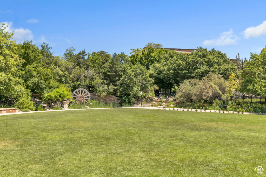 View of green lawn featuring view of scattered trees
