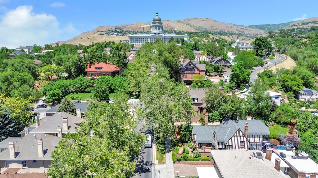 Aerial view of residential area with a mountainous background