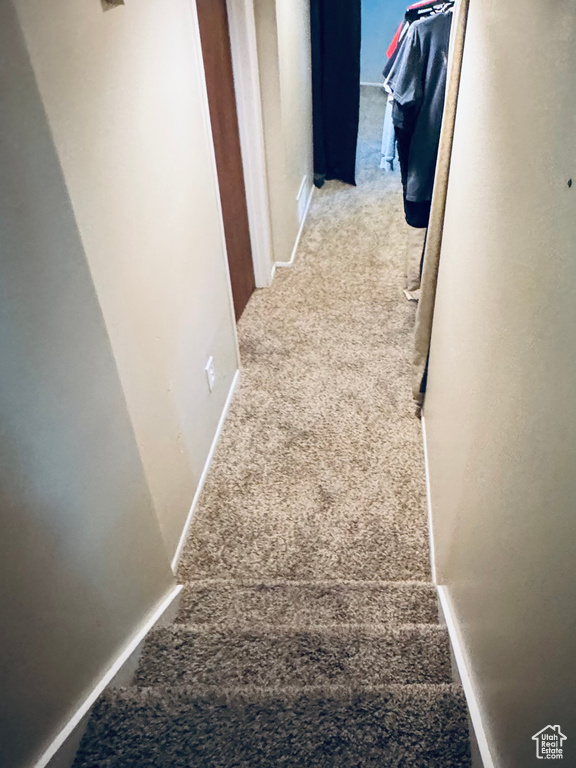 Hallway with carpet flooring and baseboards