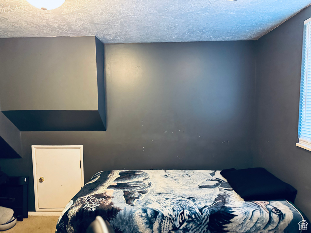 Bedroom with a textured ceiling and carpet floors