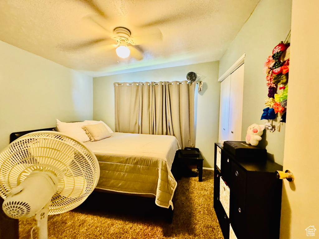 Carpeted bedroom with a ceiling fan and a closet