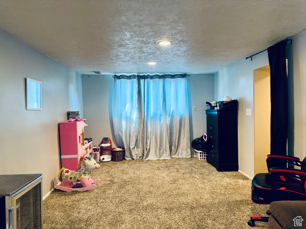 Playroom with carpet, a textured ceiling, and baseboards
