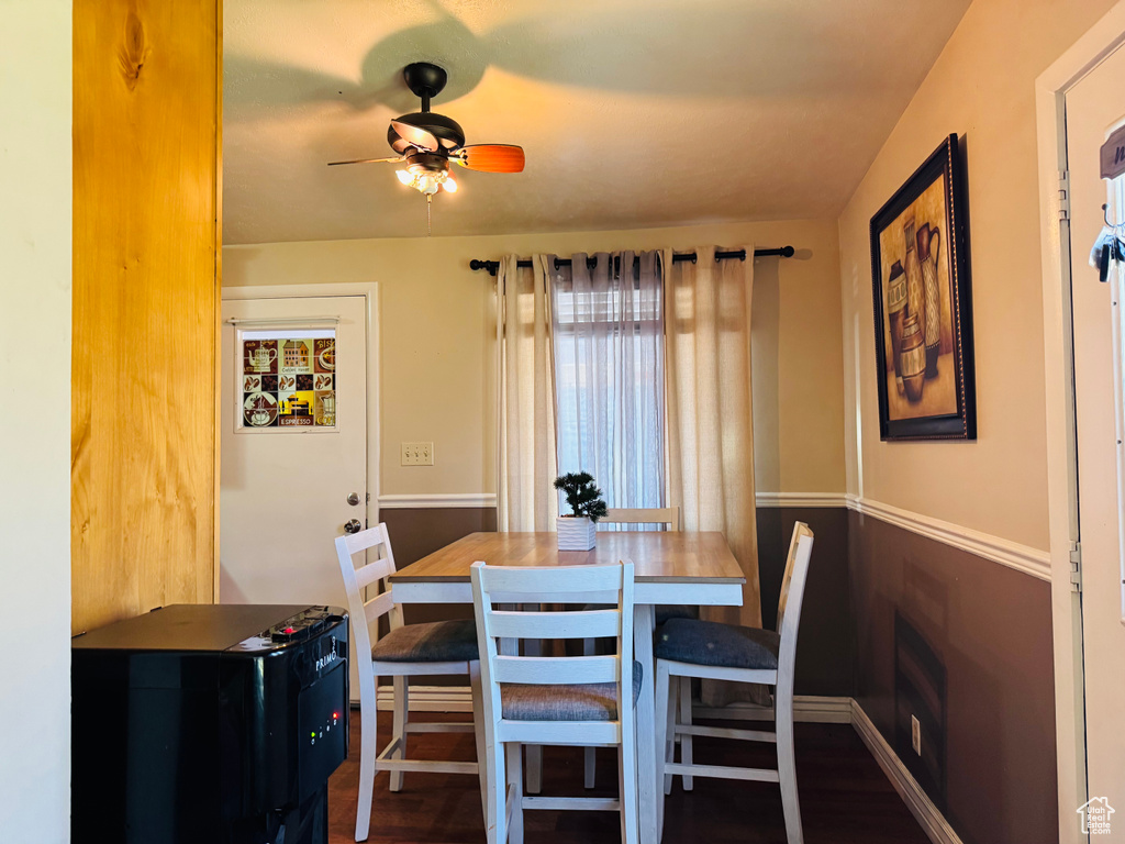 Dining room with a ceiling fan and wood finished floors