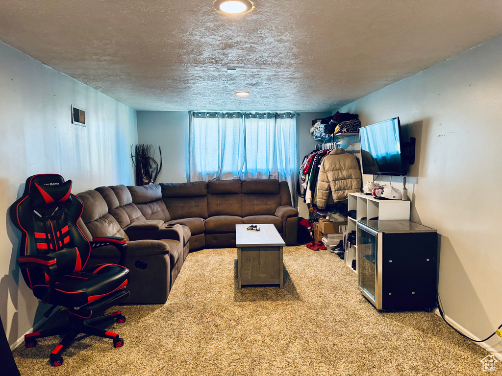 Carpeted living room featuring a textured ceiling, baseboards, and recessed lighting