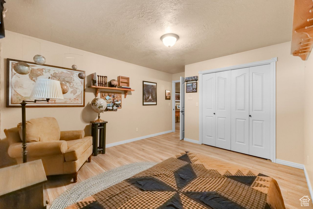 Living room with light wood finished floors, a textured ceiling, and baseboards