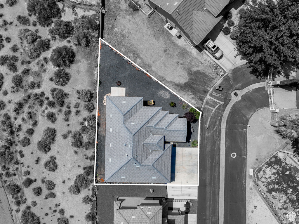 Aerial overview of property\'s location featuring property parcel outlined