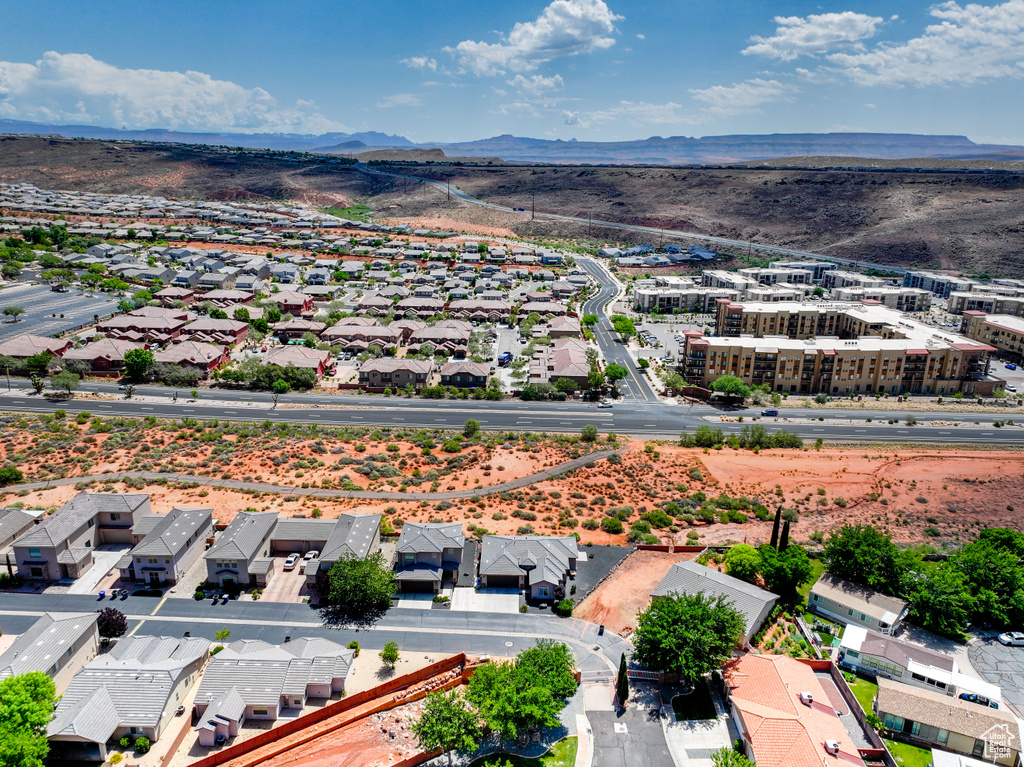 Aerial perspective of suburban area with mountains