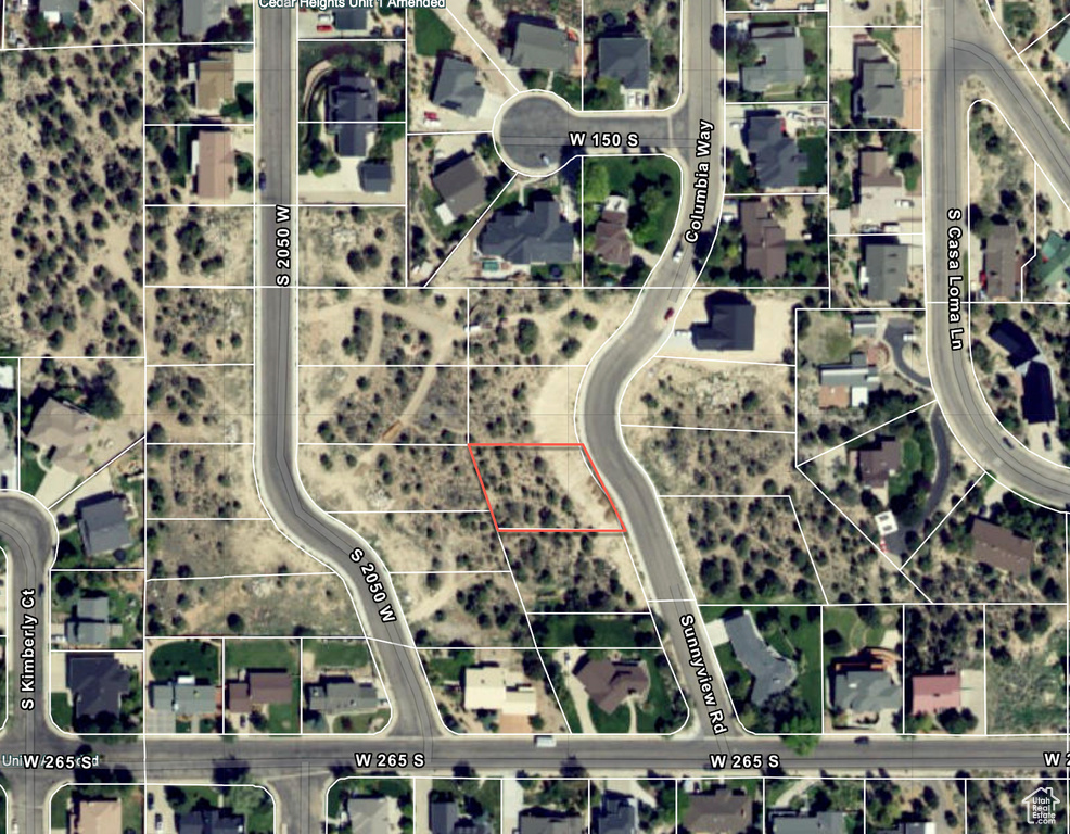 Aerial overview of property\'s location featuring property parcel outlined
