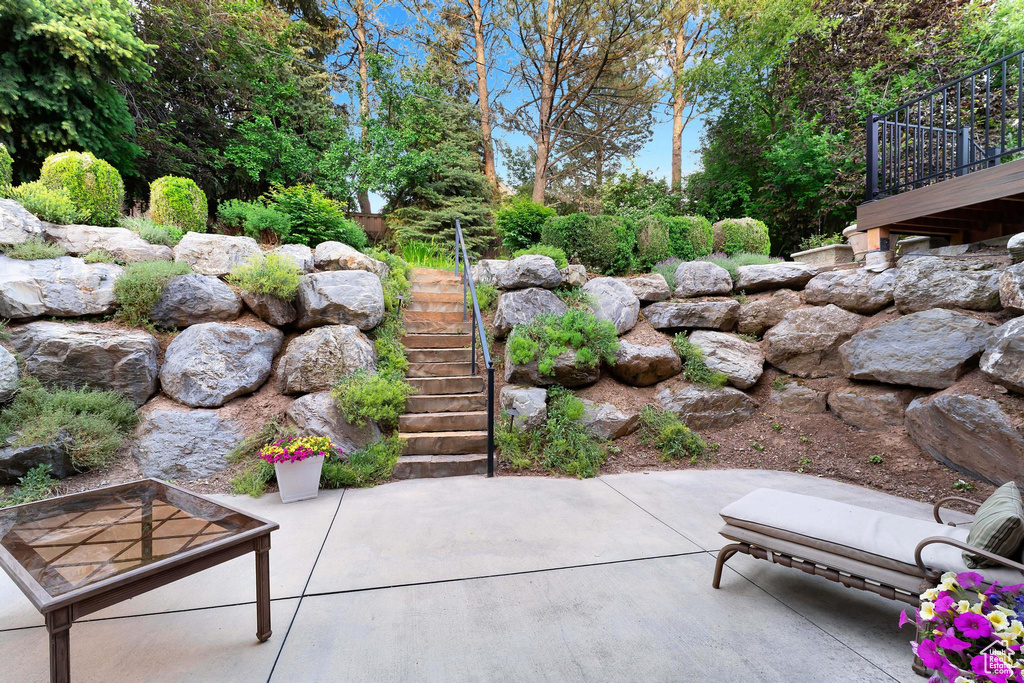 View of patio with stairway