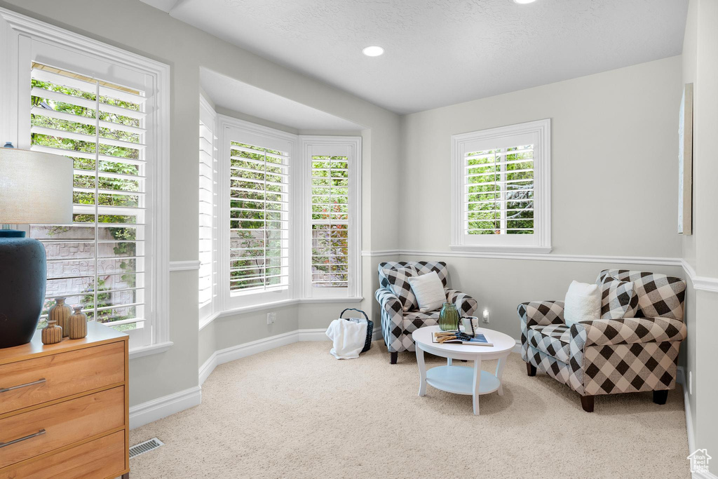 Living area with carpet and baseboards
